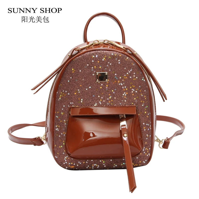 

SUNNY SHOP Sequin Bling Stars Women Backpack Summer Korean Mini Leather Bagpack School Student Bags For Teenage Girls Brown Red