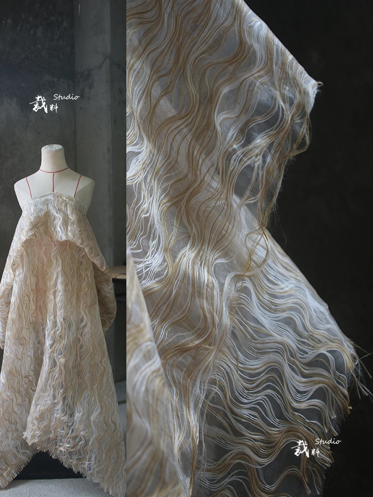 

Layer cotton line water texture soft gold yarn cloth designer fabric for patchwork bazin riche getzner tissus telas por metros