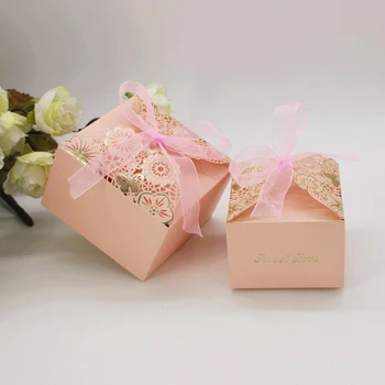 

50pcs Bronzing Hollow Paper Flower Candy Box Baby Shower Gifts Bags Wedding Party Chocolates Box with Ribbon Party Favors