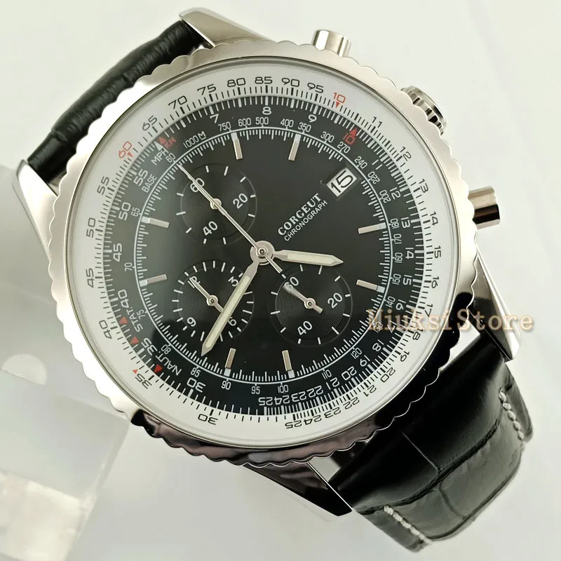 46,5 мм новые Брендовые мужские часы с черным циферблатом, серебристый чехол, японские кварцевые мужские часы