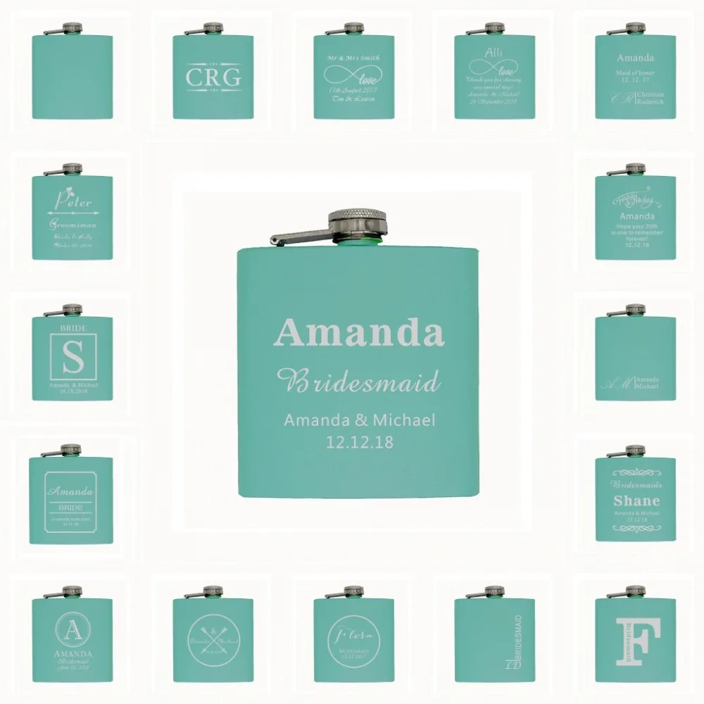 

Personalized Engraved 6oz Hip Flask Stainless Steel Blue Wedding Bridesmaids & Best Man Usher Party Present Gifts Decor Favors