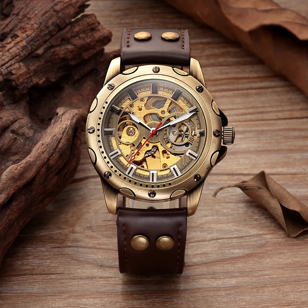 Retro Bronze Skeleton Mechanical Watch Men Automatic Watches Sport Luxury Top Brand Leather Watch Relogio Masculino Male Clock