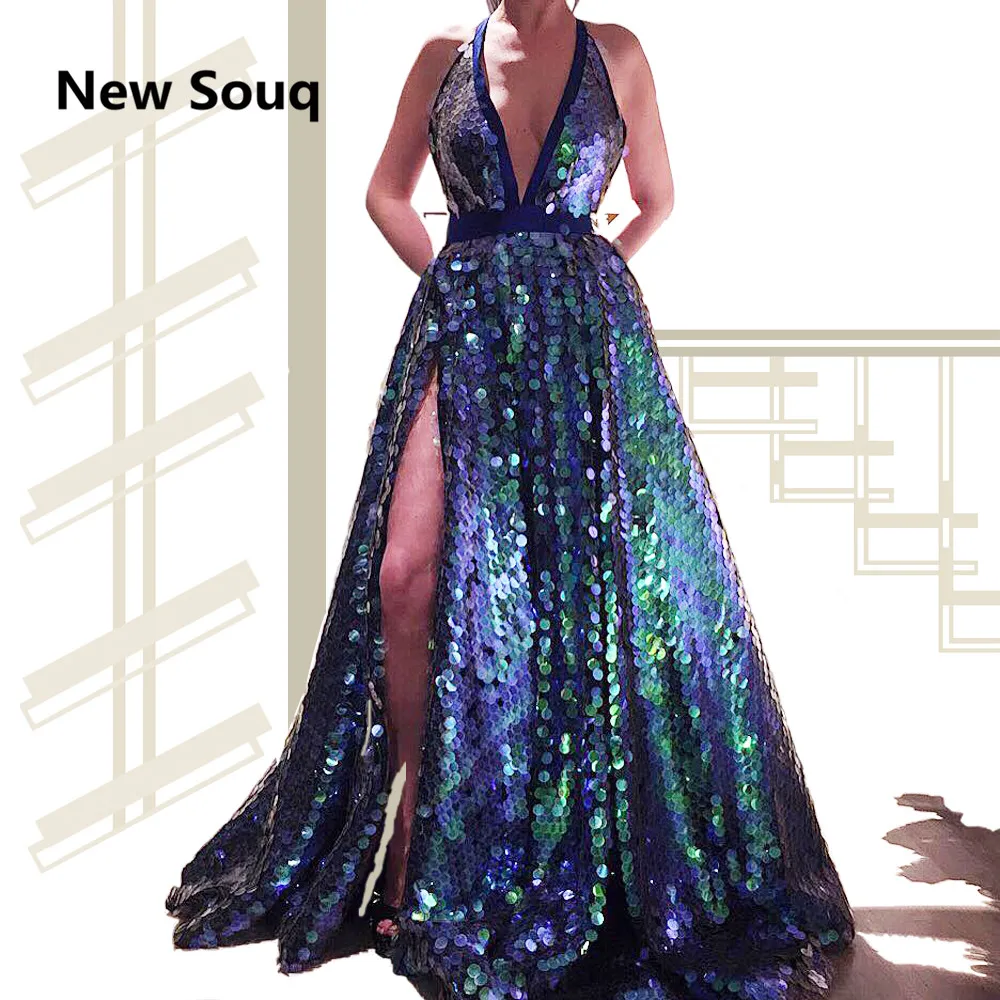 halter slit side sequin party dress