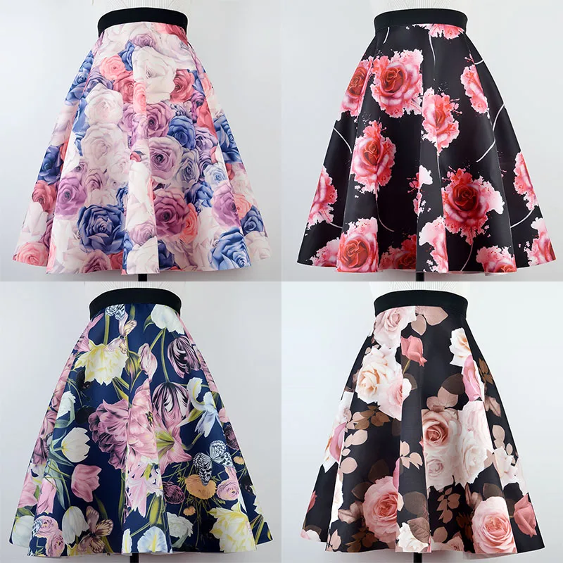 Для женщин юбка с цветочным принтом в стиле ретро Высокая Талия Puff Женская юбка 2019 новый летний Повседневное свободные большие качели