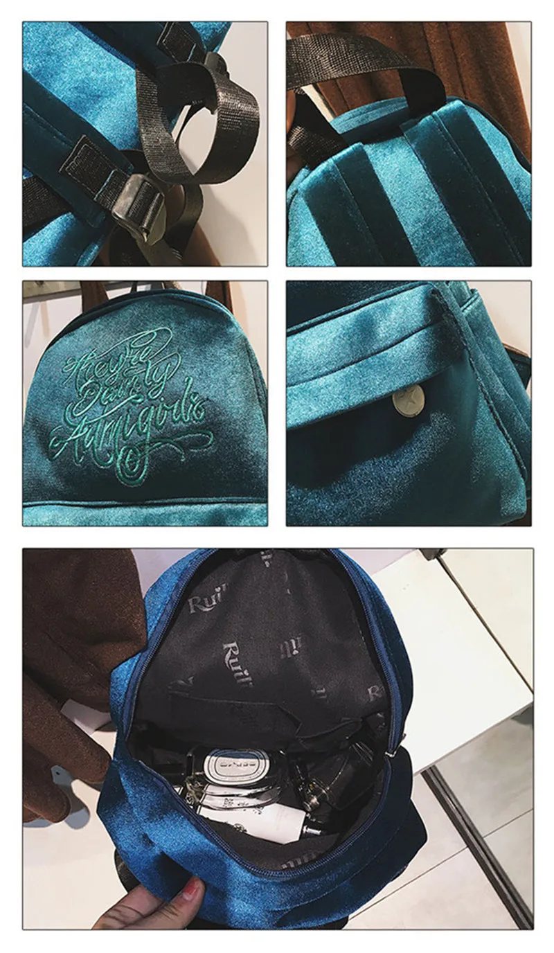 Fsislaver, мягкий бархатный рюкзак для женщин, модный, роскошный, винтажный, с вышивкой, Одноцветный, для путешествий, рюкзаки для подростков, школьная сумка, Mochilas