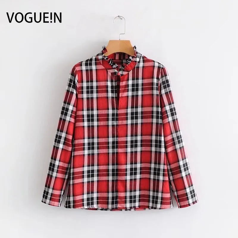 

VOGUEIN New Womens Checks Print Long Sleeve Button Down Shirt Blouse Tops Wholesale