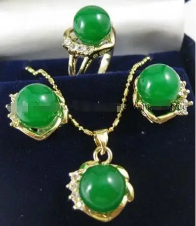 

Hot sale new Style >>>>>10mm Green stone Earrings Ring & Necklace Pendant Set AAA