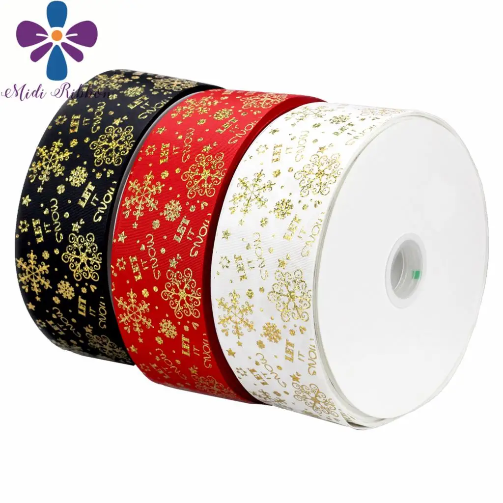 

3"75mm Snowflake Hologram Gold Foil Grosgrain Ribbon "Let it snow" DIY Christmas Party Decor Hair Band Making 50yards/roll