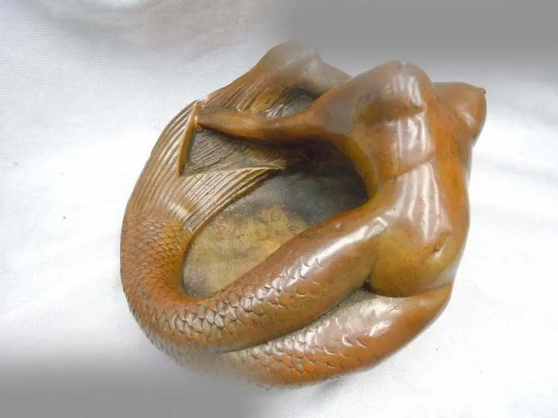 

DS Chinese brass copper carved mermaid ink-stone Sculpture statue