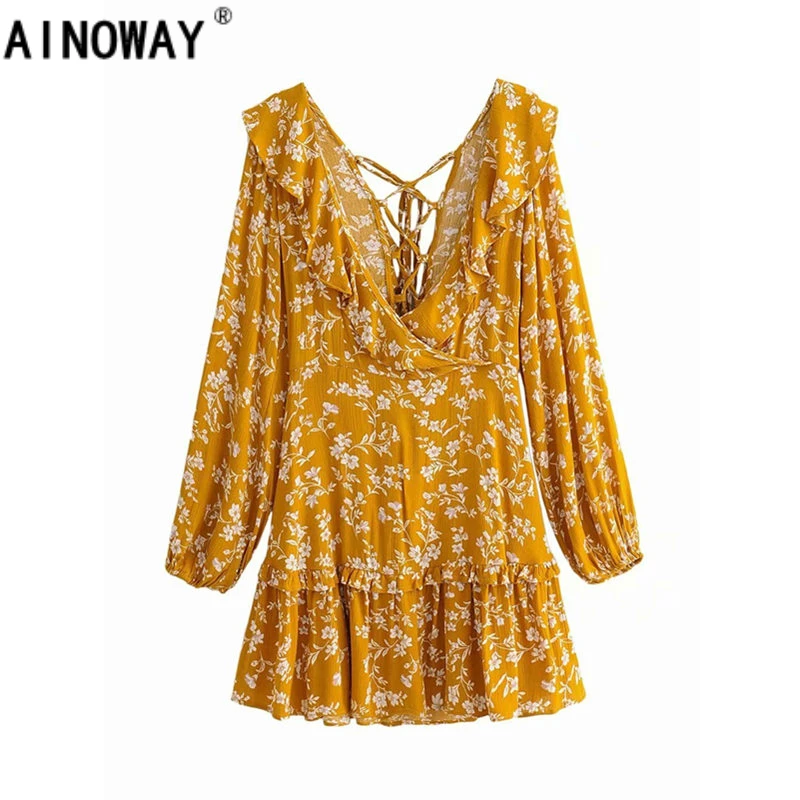 

Vintage chic women vestidos floral print Vacation beach long Bohemian mini dress Ladies V neck ruffles Summer Boho dress