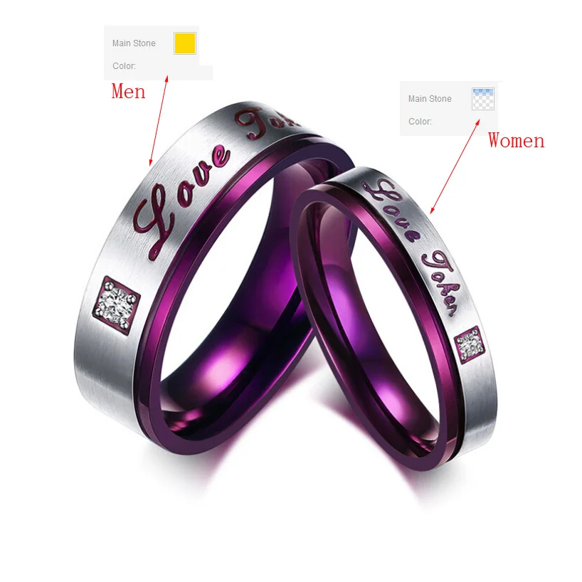 Fashion Unique couple rings for men women stainless steel CZ engagement ring Purple
