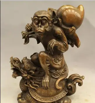 

13"chinese bronze monkey ride dragon turtle tortoise hold peach longevity statue fast