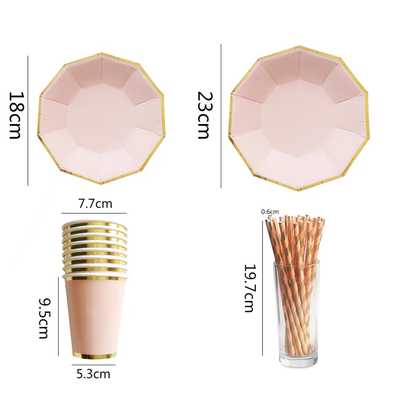 Золотая Блокировка одноразовая посуда сладкий розовый одноразовые бумажные тарелки чашка соломки для дней рождения вечерние свадебные Карнавальная посуда поставки