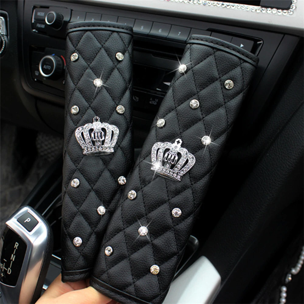 

Car Seat Belt Cover Leather Seat Belt Shoulder Pad Crown Crystal Rhinestones Diamond Shifter Gear Cover Hand Brake Covers Sets