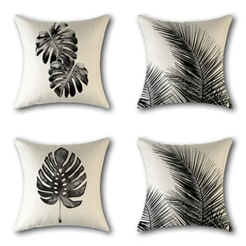 

2019 new sales of black and white plant leaves linen pillowcase simple home decoration cushion cover fashion pillow cover