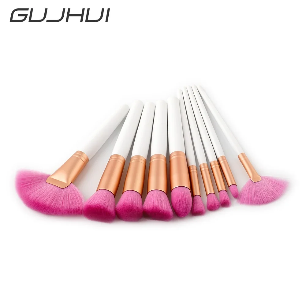 White Pink 10 шт. набор кистей для макияжа Полный Профессиональный набор кистей для макияжа большой вентилятор кисти консилер основа тени для век губы макияж кисти - Handle Color: White Pink