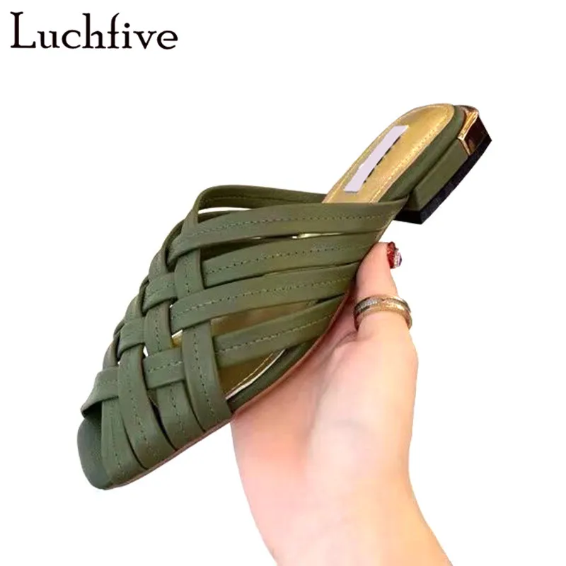 

2019 New Knit Peep Toe Slippers Green Runaway Low Heeled Shoes Woman Yellow Slip On Slides Casual Outwear Zapatos De Mujer