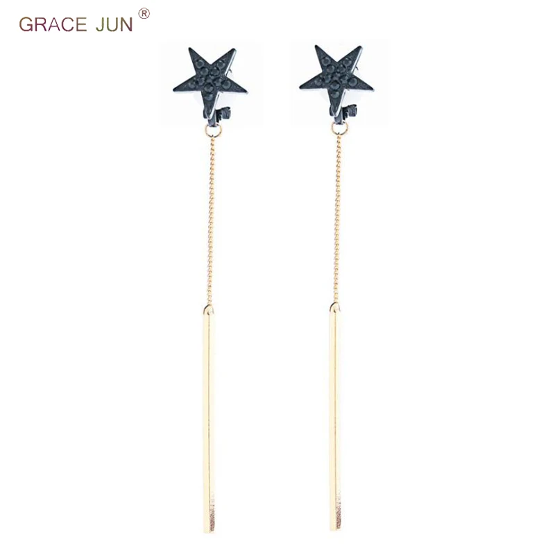 

GRACE JUN Vintage Black Star Clip on Earrings and Long Drop Pierced Earrings for Women Girl Fashion Gold Color Chain Earrings