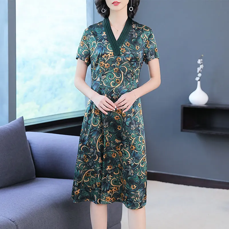 

Green 100 Silk Dress High Quality Plus Size Large for Women 2019 Summer V-neck Print Floral Elegant Vintage Loose Casual Clothes