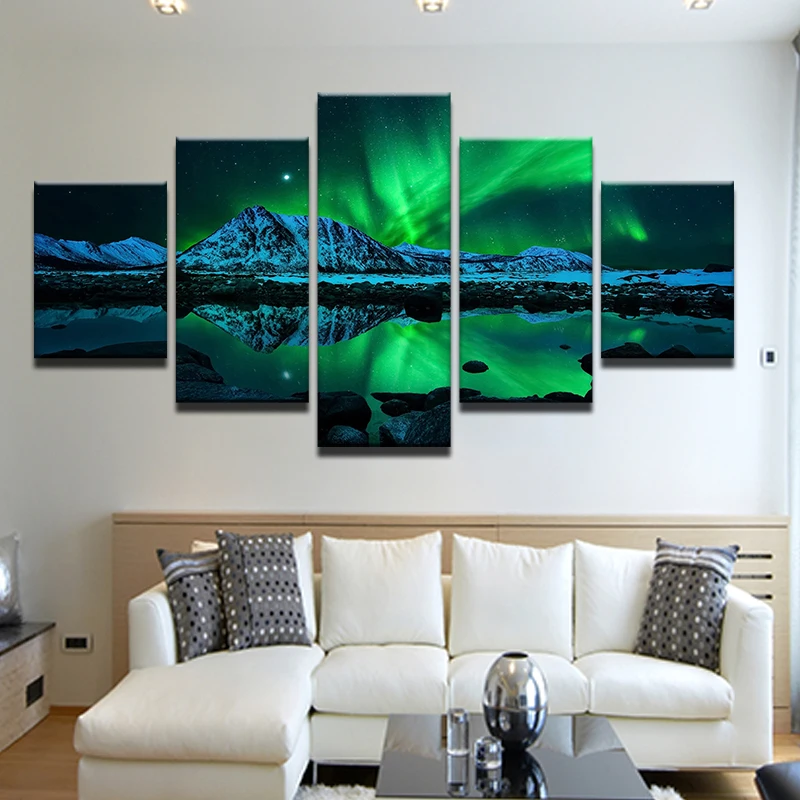 

5 Panels Landscape Green Aurora Canvas Print Painting Modern Northern Light Wall Art Picture HD Print For Home Decor