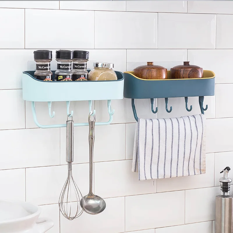 

Strong Adhesive Plastic Kitchen Bathroom Storage Shelf Double Suction Wall-Mounted Shelf Storage Rack Kitchen Spice Shelves