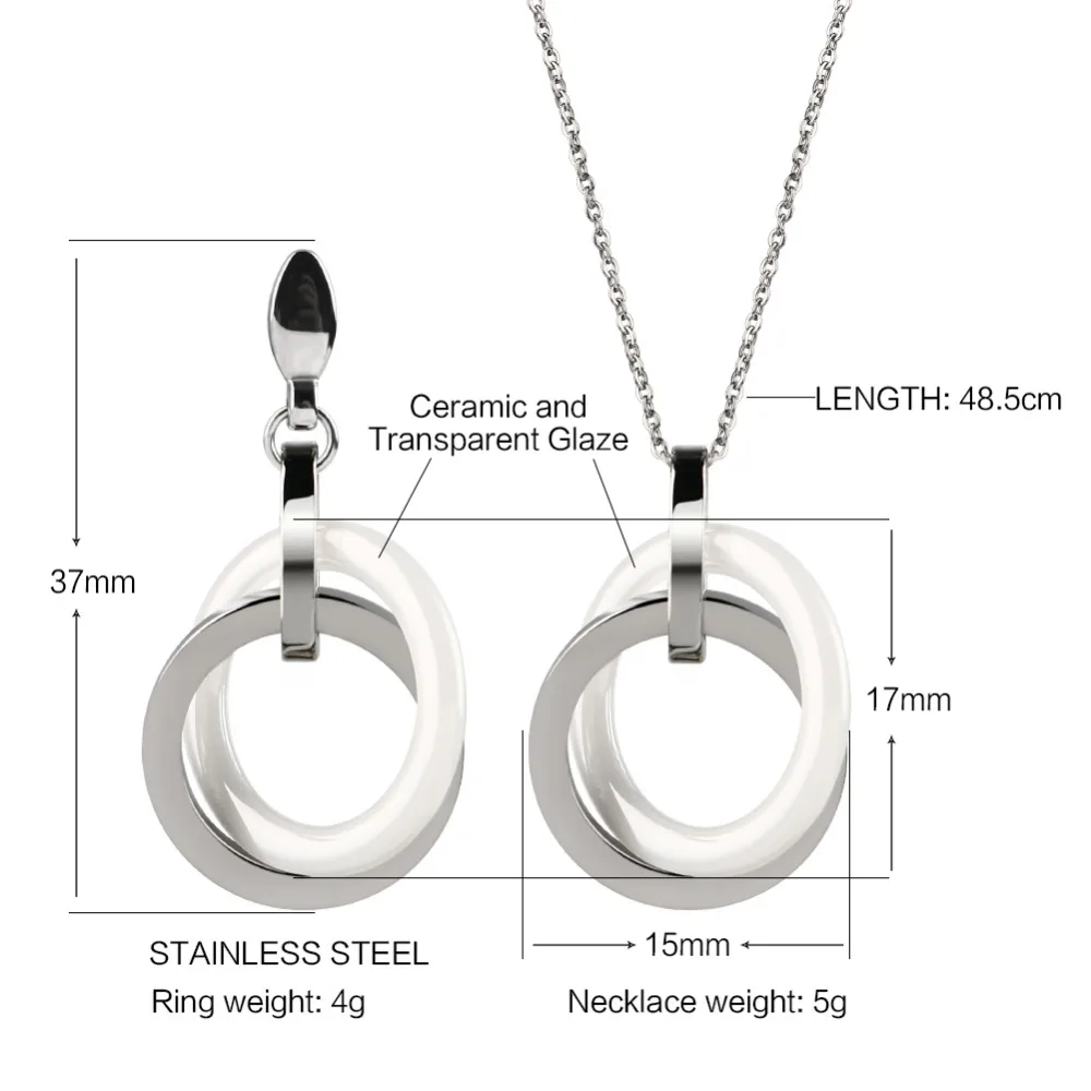 Простой дизайн, двойной круг, ювелирный набор, белый керамический стальной круг, висячие серьги, Трендовое ожерелье с подвеской, женские модные ювелирные изделия