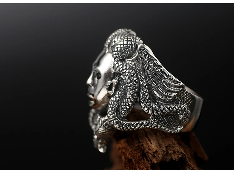 ZABRA Luxury Solid 925 Sterling Silver Men Ring Budda God Head Vintage Black Color Punk Mens Rings Domineering Gothic Jewelry
