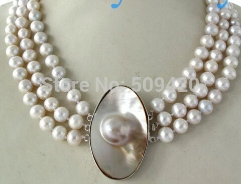 

W&O658>>3 Strands 9mm Cream Silver Round Freshwater Pearl Necklace Mabe Blister Clasp
