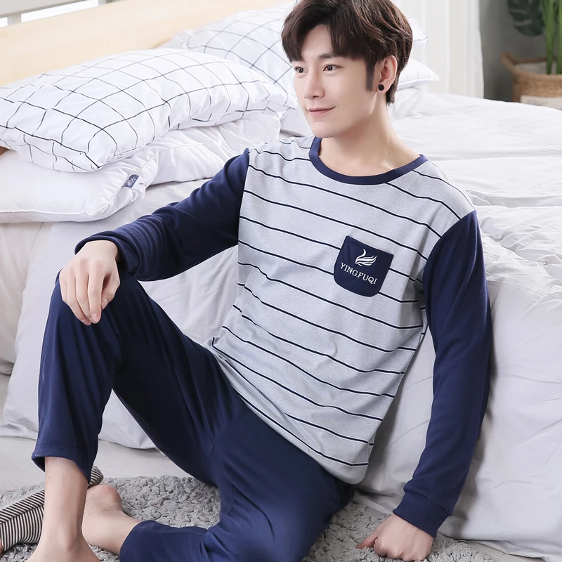 Men Pajama Sets 100% Cotton 2018 Spring and Autumn Male Sleepwear Long-Sleeve O-Neck Pullover Striped Lounge Sleep Set | Мужская одежда