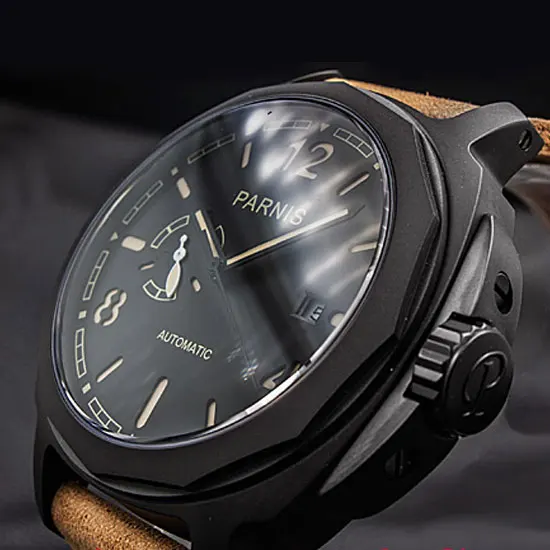 Часы Parnis 44 мм с черным циферблатом, светящийся PVD чехол, сапфировое стекло, 24 часа, MIYOTA, Автоматический ход, мужские часы 695