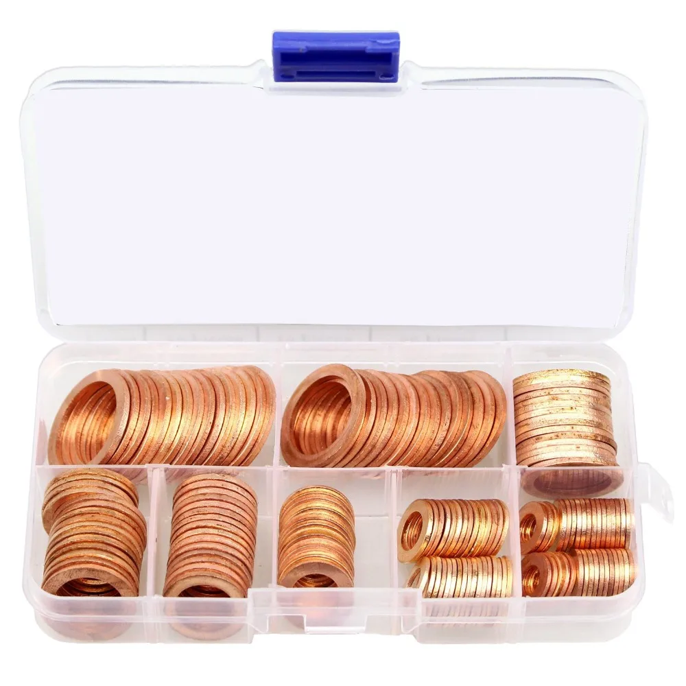 

150Pcs M6/M8/M10/M12/M14/M16/M18/M20 8 Sizes Copper Metric Sealing Washers Oil Seal Sheet Gasket Assortment Set Hardware Fastner