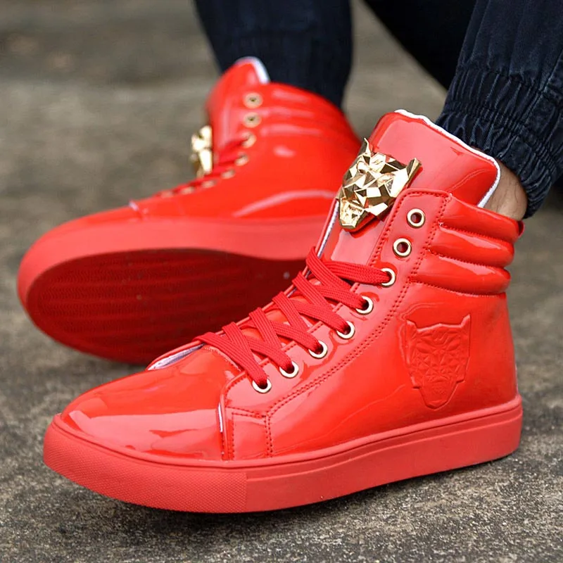 New Fashion High Top Casual Shoes For Men PU Leather Lace Up Red White Black Color Mens Casual Shoes Men High Top Shoes