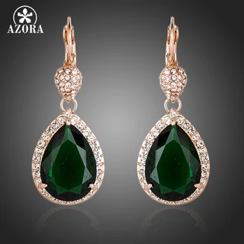 

AZORA Noble Rose Gold Color Dark Green CZ With Crystal Surround Water Drop Earrings TE0157