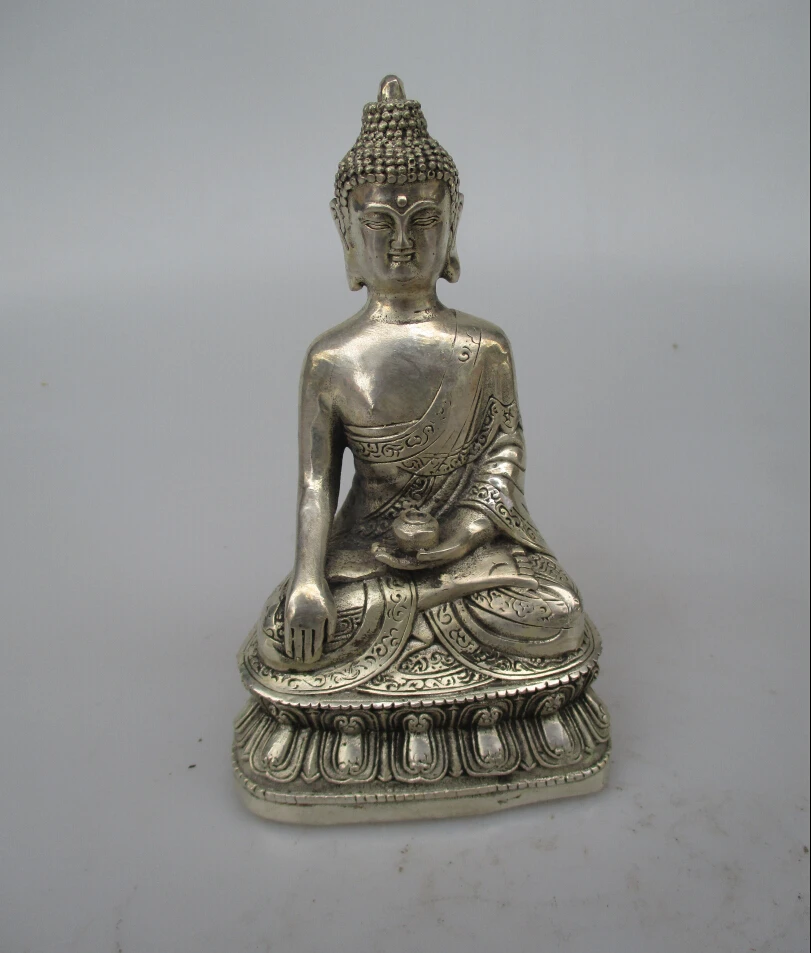 Collectible Decorated Old Handwork Tibet Silver Carved Trunk Buddha Statue