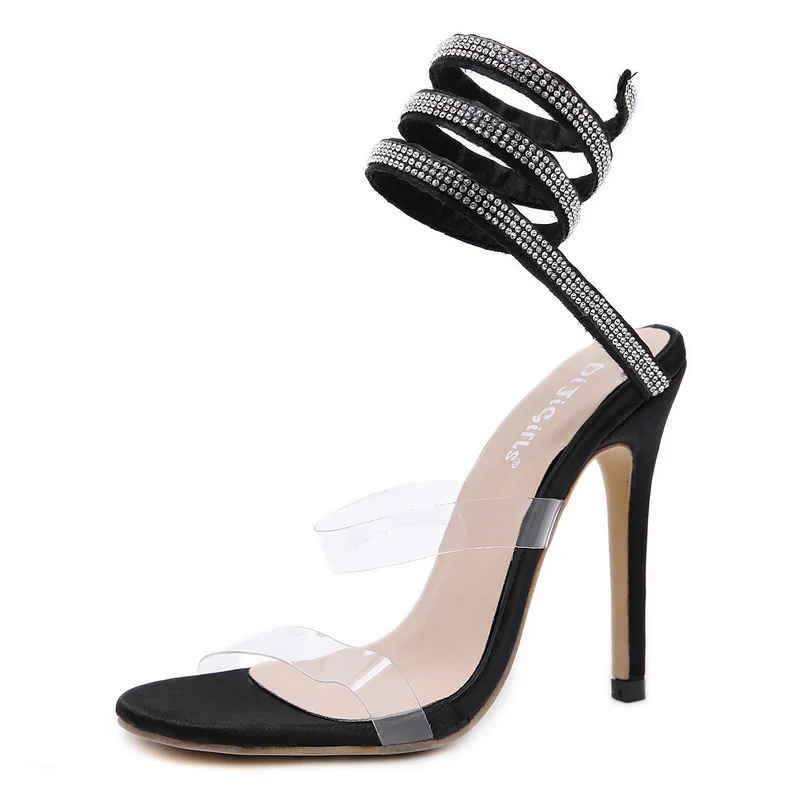 Ankle Strap Tie Up Clear PVC Transparent High Heels Sandals Sexy Crystal Rhinestone Diamond Embelished Woman Pumps | Обувь