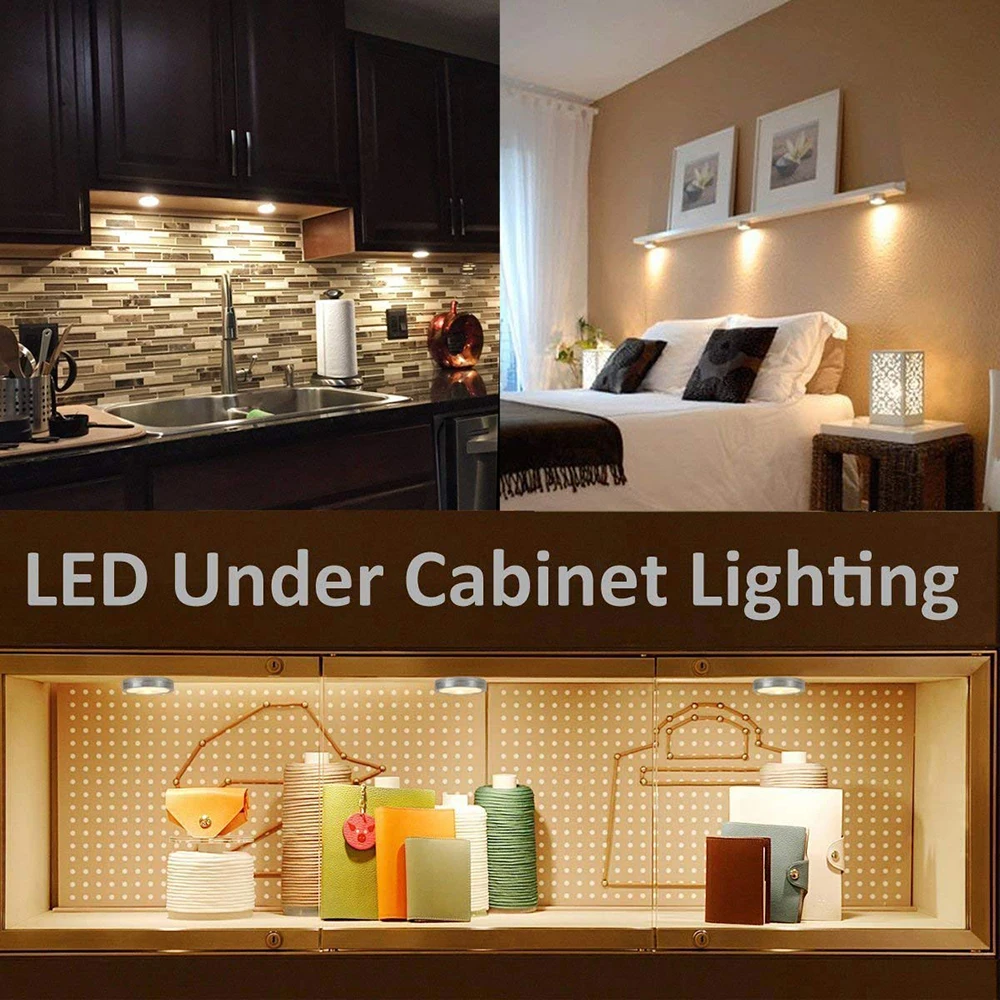 6PCS LED Under Cabinet Light Dimmable Closet Puck Lamp Home Kitchen Fixture Kit 