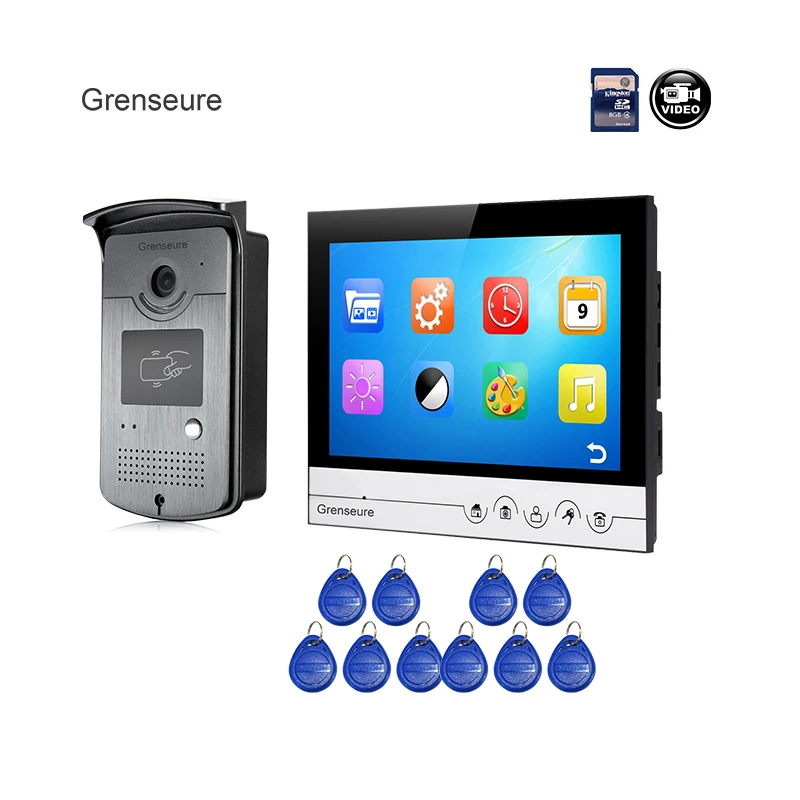 

Free Shipping NEW 9" Color Screen UI Video Door Phone Intercom Recording System + Waterproof RFID Access Doorbell Camera + 8G TF