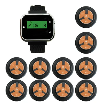 

JINGLE BELLS 433.92mhz 1 watch pager receiver 10 call button transmitter wireless guest calling system for restaurant hotel cafe
