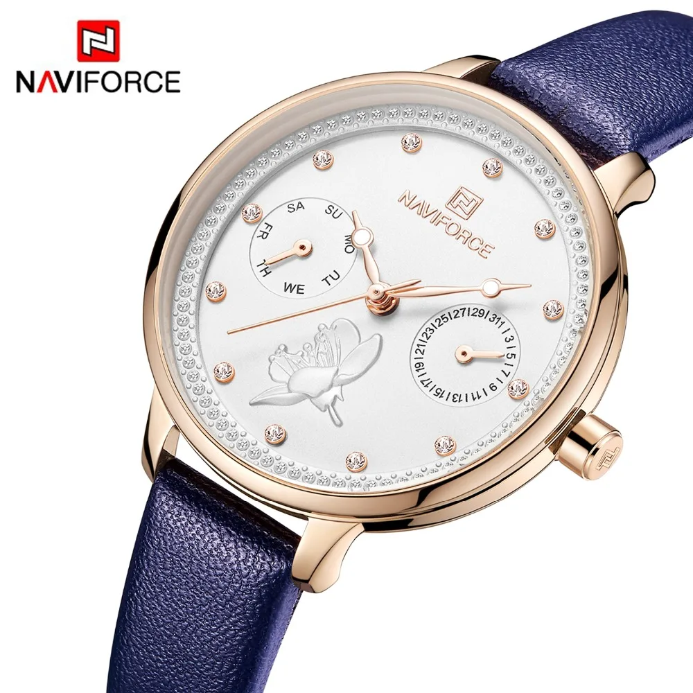 Naviforce, новые женские часы, кожаный браслет со стразами, наручные часы, женские модные часы, женские аналоговые кварцевые часы, подарки