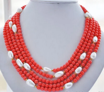 

Jewelr 004335 natural 5row pink coral bead white baroque pearl NECKLACE