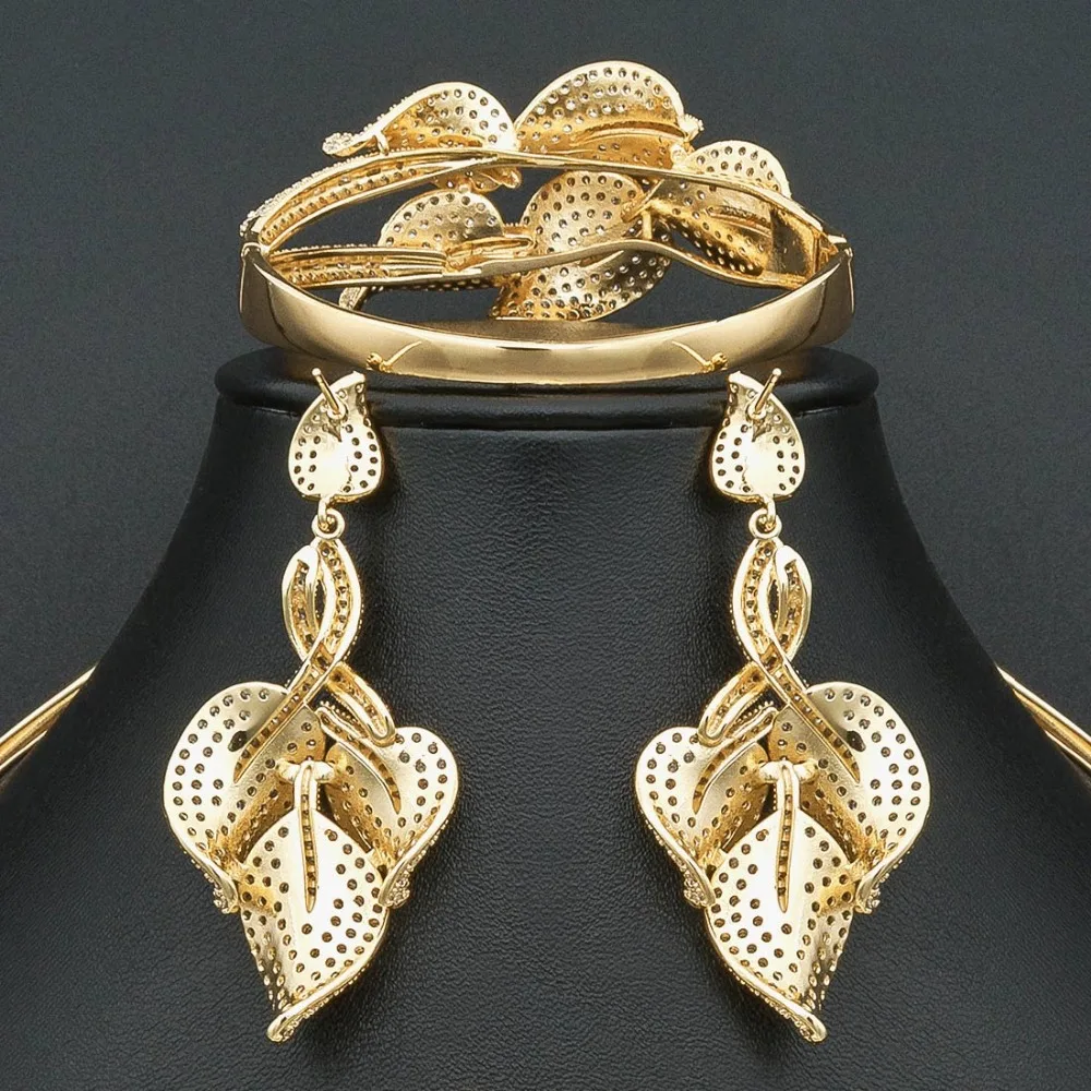 ModemAngel, высокое качество, роскошные листья, золото, цвет, медь, ожерелье, браслет, серьги, кольцо для Дубай, для женщин, свадьба, помолвка, ювелирные изделия