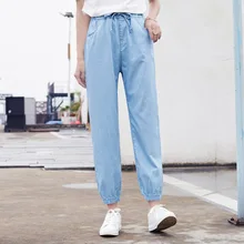 Синие джинсовые брюки с высокой талией, тонкие джинсовые брюки длиной до щиколотки, свободные джинсы, женские штаны-шаровары, новинка, штаны с завязками на талии