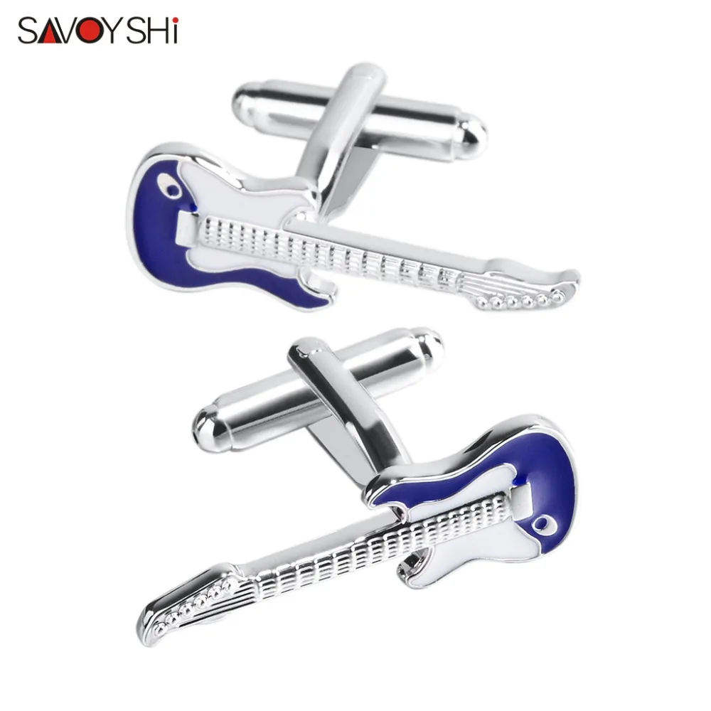 

SAVOYSHI Free Engraving Name Cufflinks for Mens Shirts Cuffs Blue White Enamel Guitar Model Cuff links Male Gift Jewelry Newest