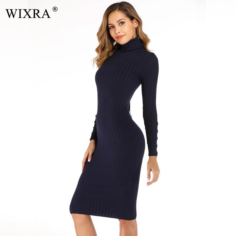 

WIXRA Basic Turtleneck Dress Casual Turtleneck Long Sleeve Knit Dress Women Slim Bodycon Spring Autumn Elegant Dresses