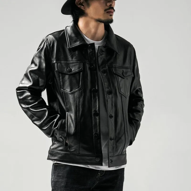 

Men Brand Genuine Leather Jacket Casual Slim Turn-down Collar Moto Leather Jacket Luxury Single Breasted Sheepskin Leather Coat