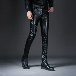 Мужские повседневные брюки из искусственной кожи, мужские Модные брюки на молнии, мужские облегающие кожаные мотоциклетные брюки в стиле