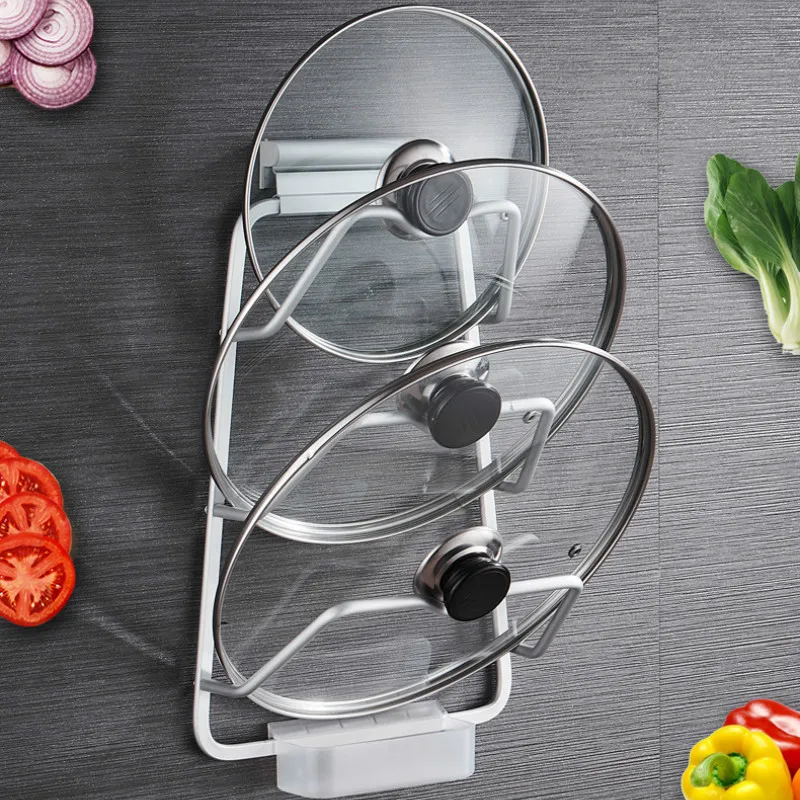 

Kitchen Pan Lid Holder Stand Wall-mounted Pot Cover Rack with Drain Tray Free Punching Hanging Cutting Board Drying Racks Shelf