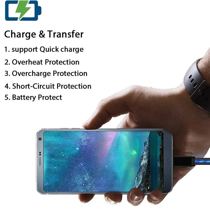 Светодиодный кабель для зарядки Lightig iPhone Samsung Huawei Xiaomi Кабель с разъемом Micro USB Type C