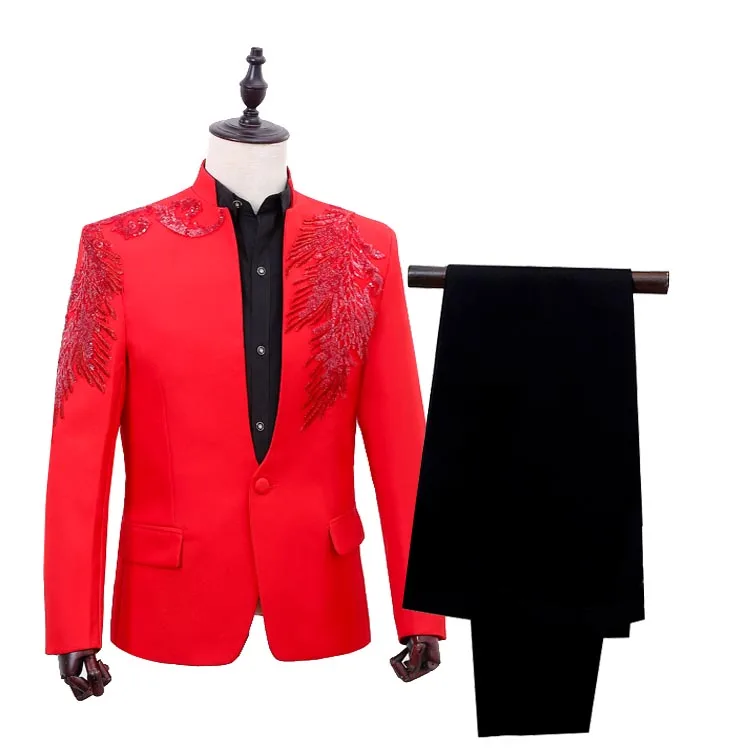 Мужской костюм с блестками сине красный блейзер вышивкой|stage jacket|red dress jacketdress jacket |