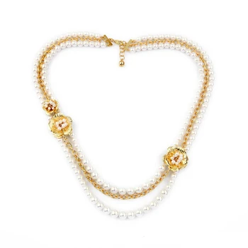 

Bulk Price Royally Facets Simulated Pearl Necklace For Women Flower Beads Chain Long Necklaces Gold Color Multilayer Jewelry